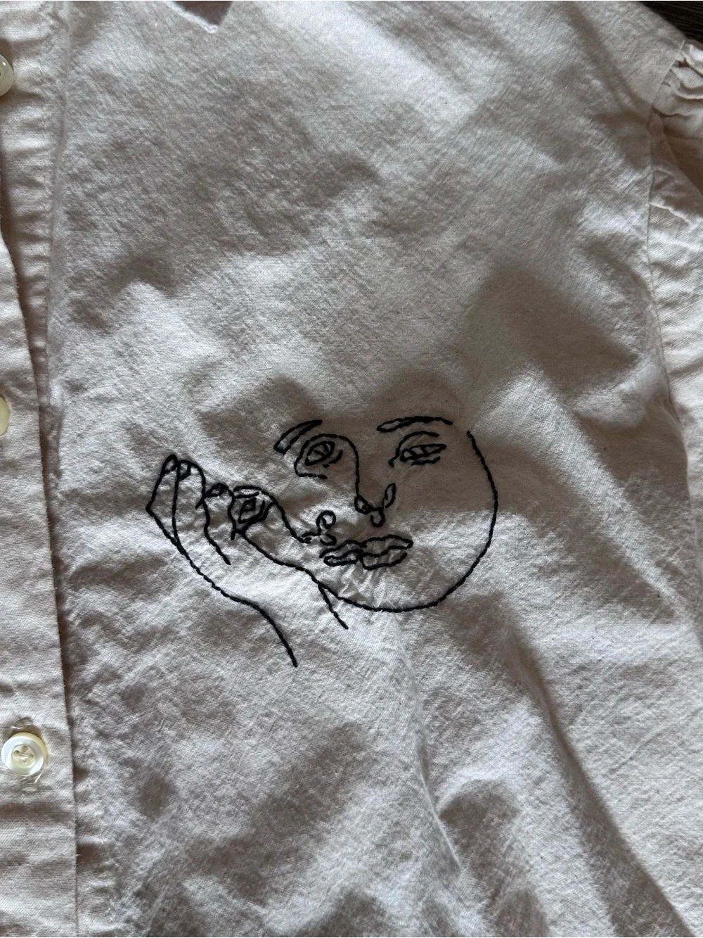 Hand embroidered Oversized beige shirt with puff sleeves made by SlowHands
